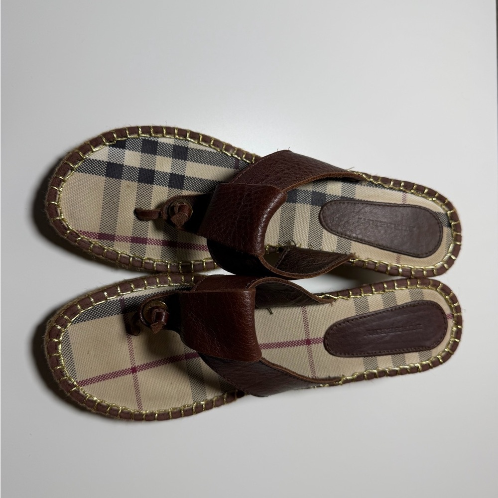 Burberry Nova Check Brown Leather Espadrille Thong Wedge Sandals Size EU 40 - Picture 4 of 12